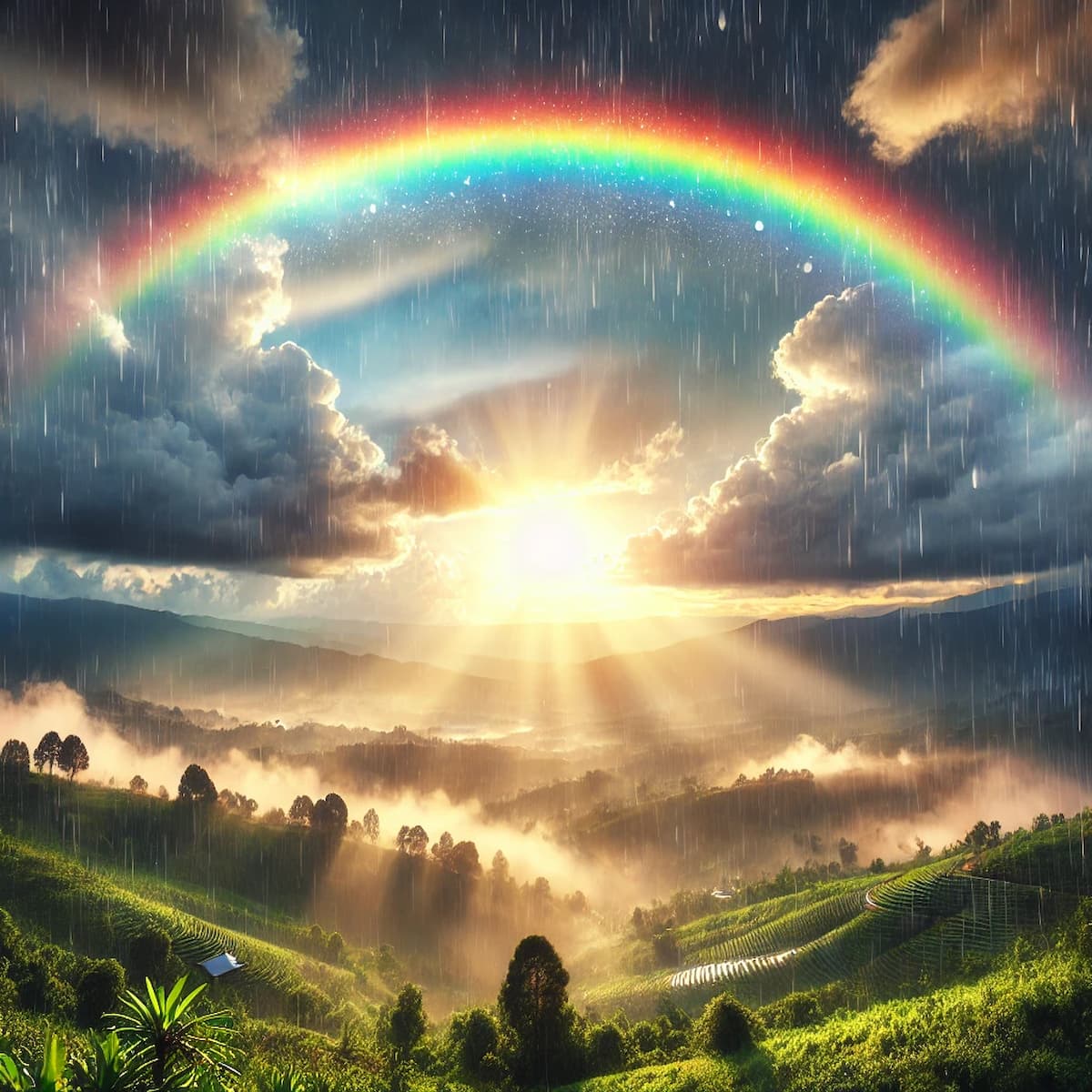 Vibrant double rainbow arching across a landscape.
