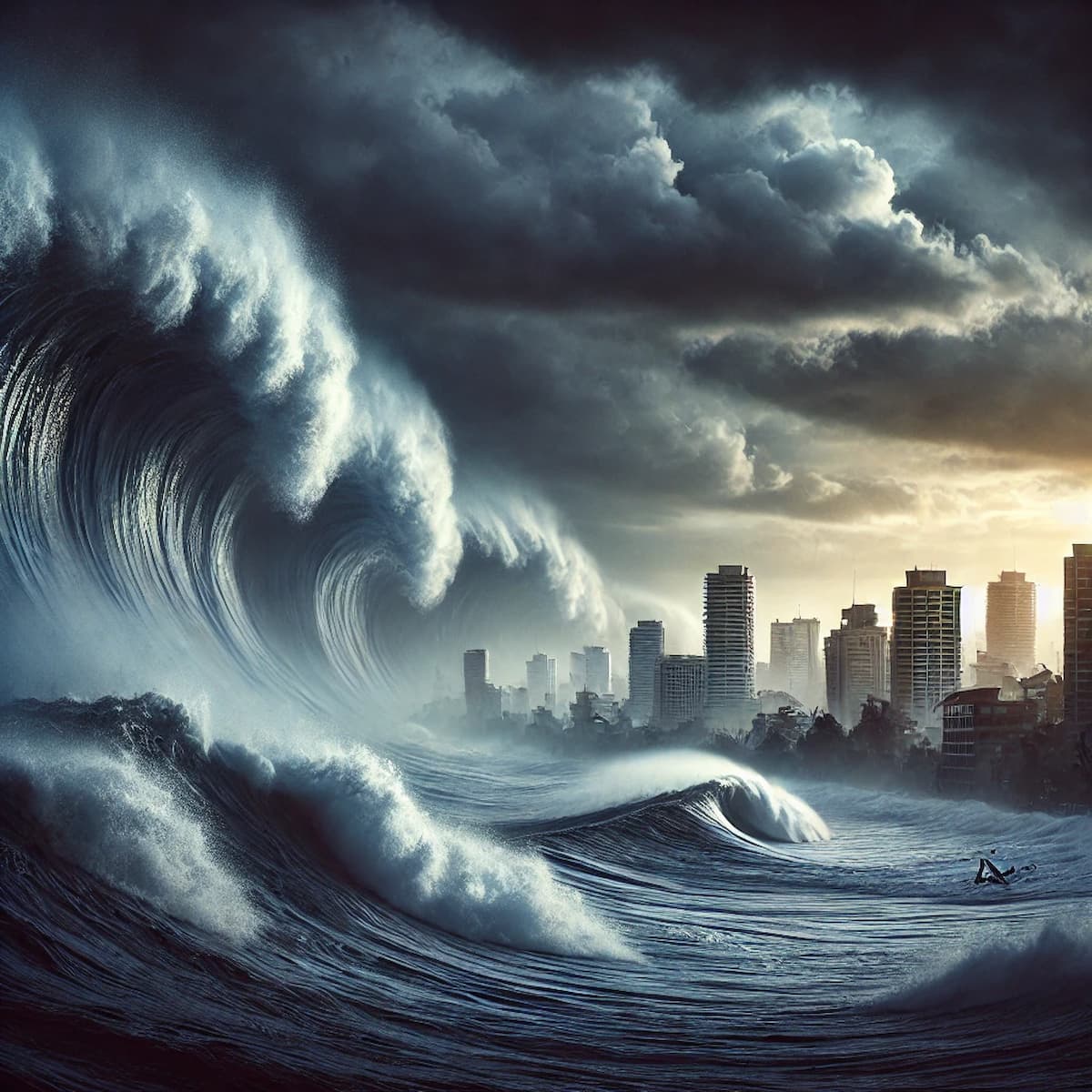 Image depicting the destructive power of a tsunami wave hitting a coastal area.