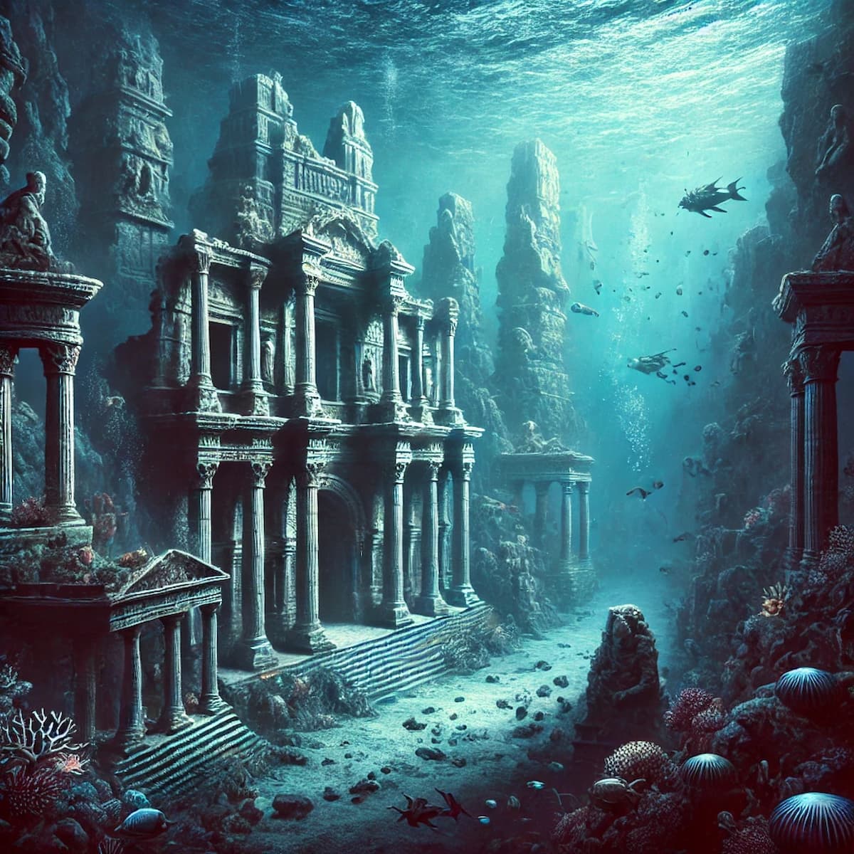 Artistic depiction of the concentric rings and canals of Plato's description of Atlantis city.