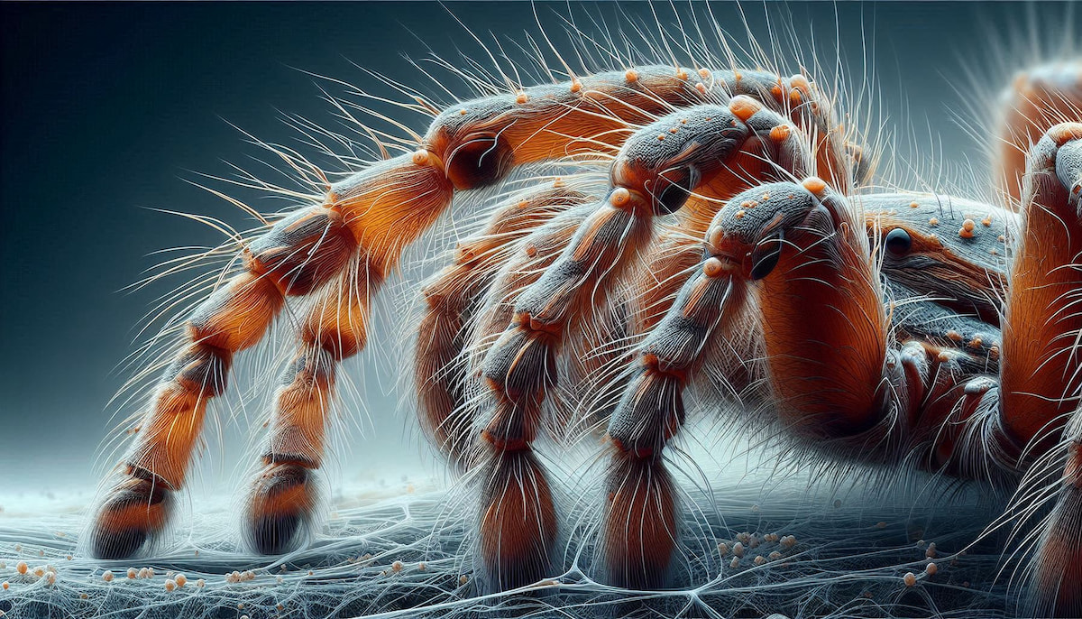 Close-up of a spider on its web, highlighting sensory details.