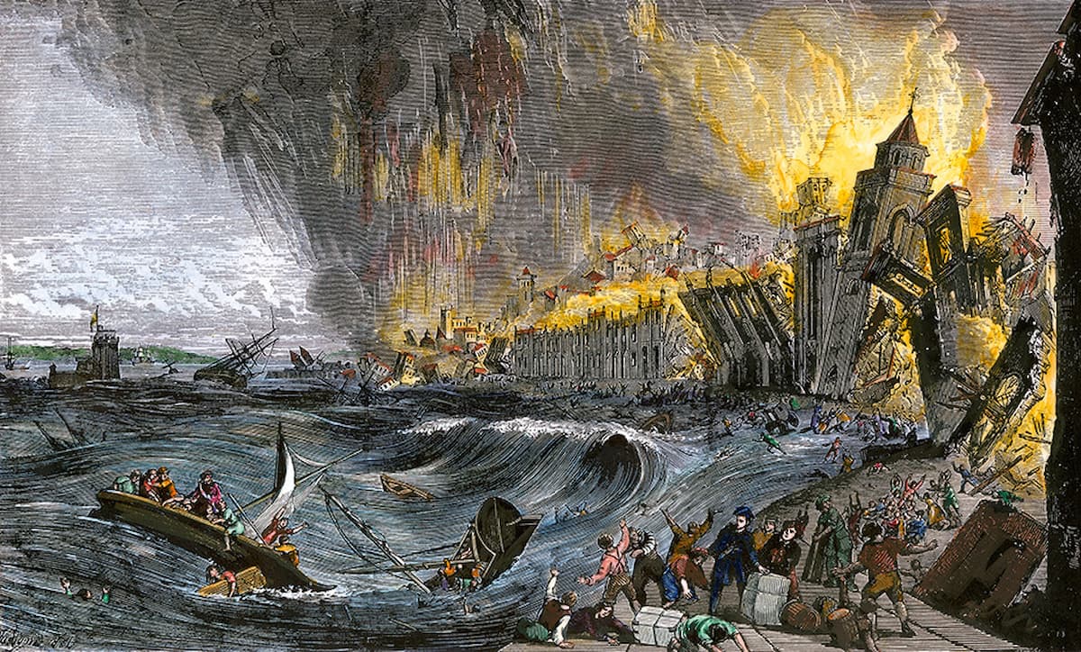 Stylized image depicting multiple natural disasters like earthquake cracks, waves, and volcanic eruption.